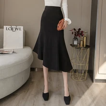 Новинка, Женская шерстяная юбка с разрезом в бедрах, Необычные Юбки в одном стиле, цвета хаки, синий, черный, 970