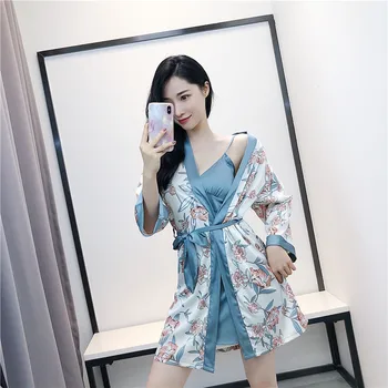 

Sleepwear Set Women 2PC Nightshirts V-Neck Pajamas Spring Wear Home Suit Negligee Robe Gown Bathrobe Silky Nightdress Homewear