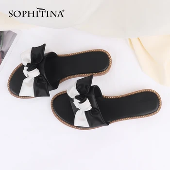 

SOPHITINA Flat Slippers Women Metal Edging Genuine Leather Elegant Butterfly Knot Summer Women Shoes Casual Sandals Women CZ009