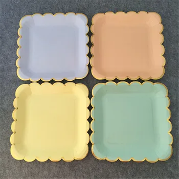 

24pcs Blush Pink & Gold Paper Plates Scalloped Foil Square 23cm Dinner Plates Wedding Bridal Shower/Bachelorette Party Tableware