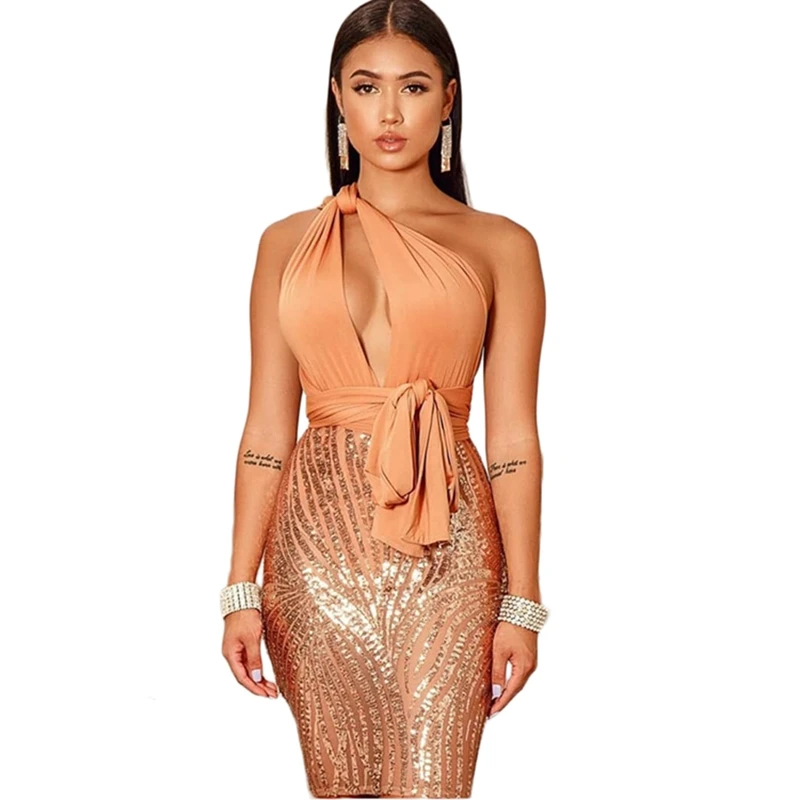 

Women One Shoulder Sexy Bandage Dress Backless Party The Club High Waist Sequin Dresses Vestido Curto Ez*