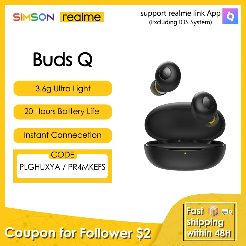 realme Buds Q Earphone Earbuds TWS Wireless Connection Bluetooth 5.0 Charging Box Ultra Light 20h Battery Life Open-Up Auto
