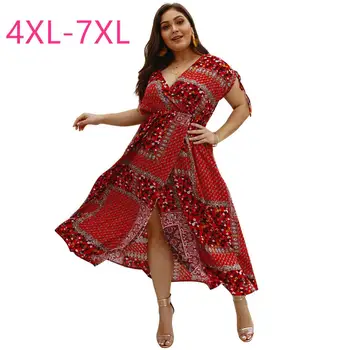 

2020 summer plus size long dress for women large casual slim sleeveless elastic waist low-cut V neck dresses red 4XL 5XL 6XL 7XL