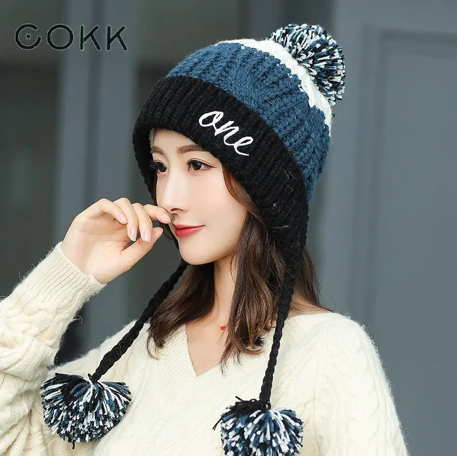 

COKK Winter Hats For Women Pompom Beanies Ladies Knitted Wool Skullies Cap Pom Pom Gorros Thick Velvet Warm Ear Protect Bonnets
