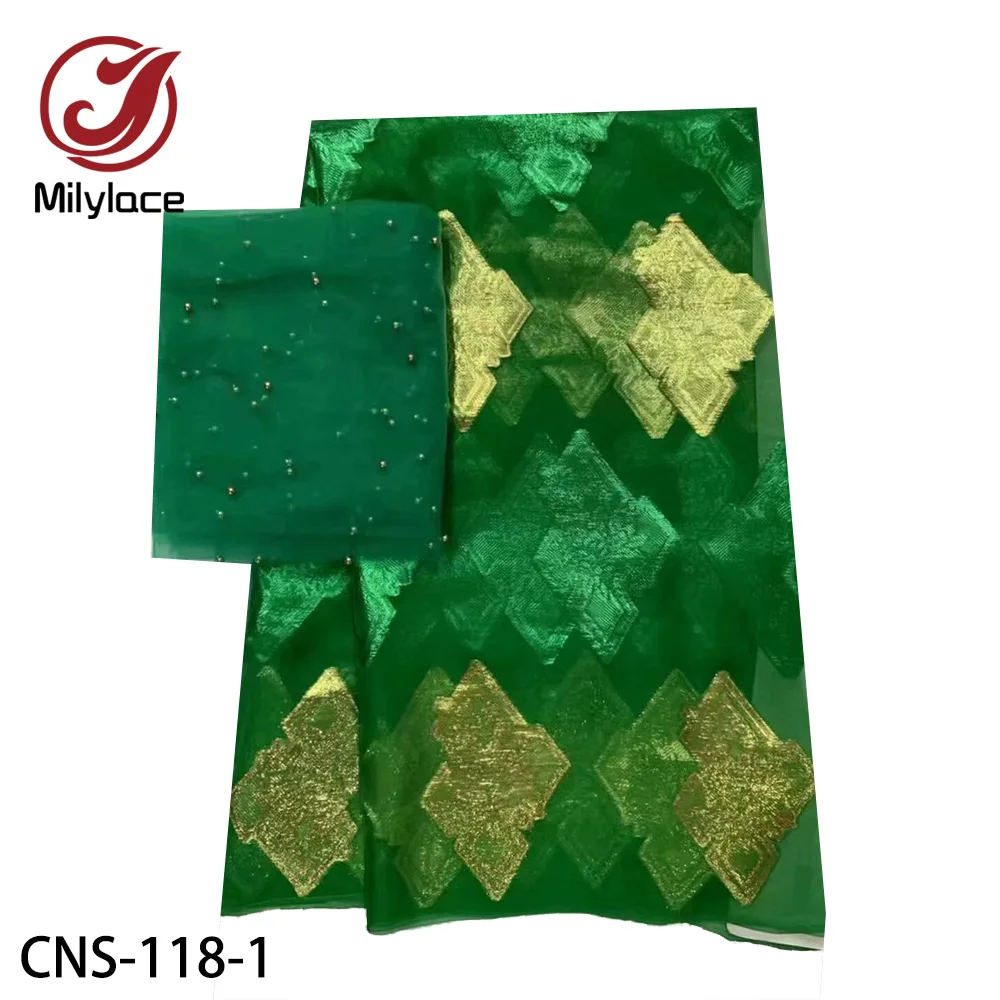 New 100% Real Silk Fabric with Checked Gilding Pattern 5 Yards+African Tulle Beaded Lace Fabric 2 Yards for Clothes CNS