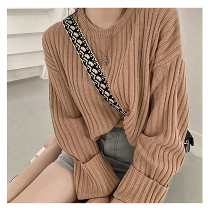 

New Women's Vertical Stripes Knit Sweaters Autumn Korean Minimalist Casual Loose Pullovers For Female Solid Color Sweater Top
