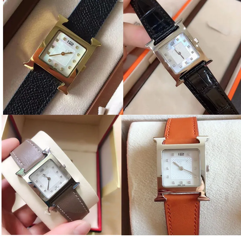 

Handmade luxury brand Genuine Leather watch mother of pearl cz logo Digital Quartz Wristwatch Square Dial lady watch for women