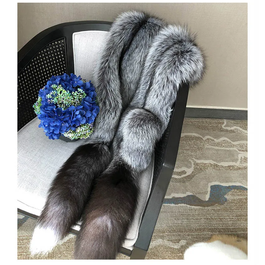 MS.Minshu Long Fox Fur Scarf Shawl Luxury Genuine Fur Boa Natural Whole Fox  Stole with Tails