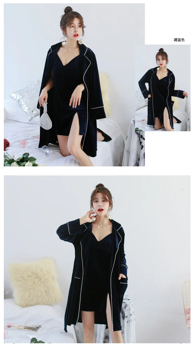 Winter New Gold Velvet Keep Warm Women Robe Set With Belt Cardigan Spaghetti Strap Twinset Sleepwear