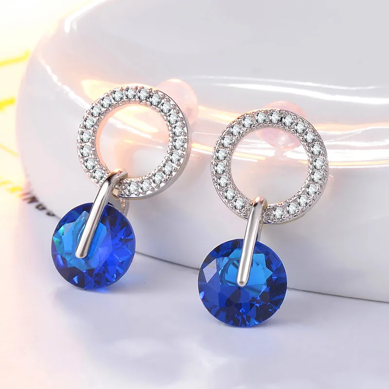 Роскошные женские белые круглые серьги-гвоздики, модные 925 пробы серебряные свадебные ювелирные изделия с двойным кристаллом, циркониевые серьги для женщин - Окраска металла: Синий
