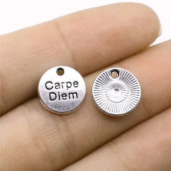 

10pcs/lot Jewelry Making DIY Handmade Craft Charms Antique Silver Color 12x12mm Round Carpe Diem Tag Pendant