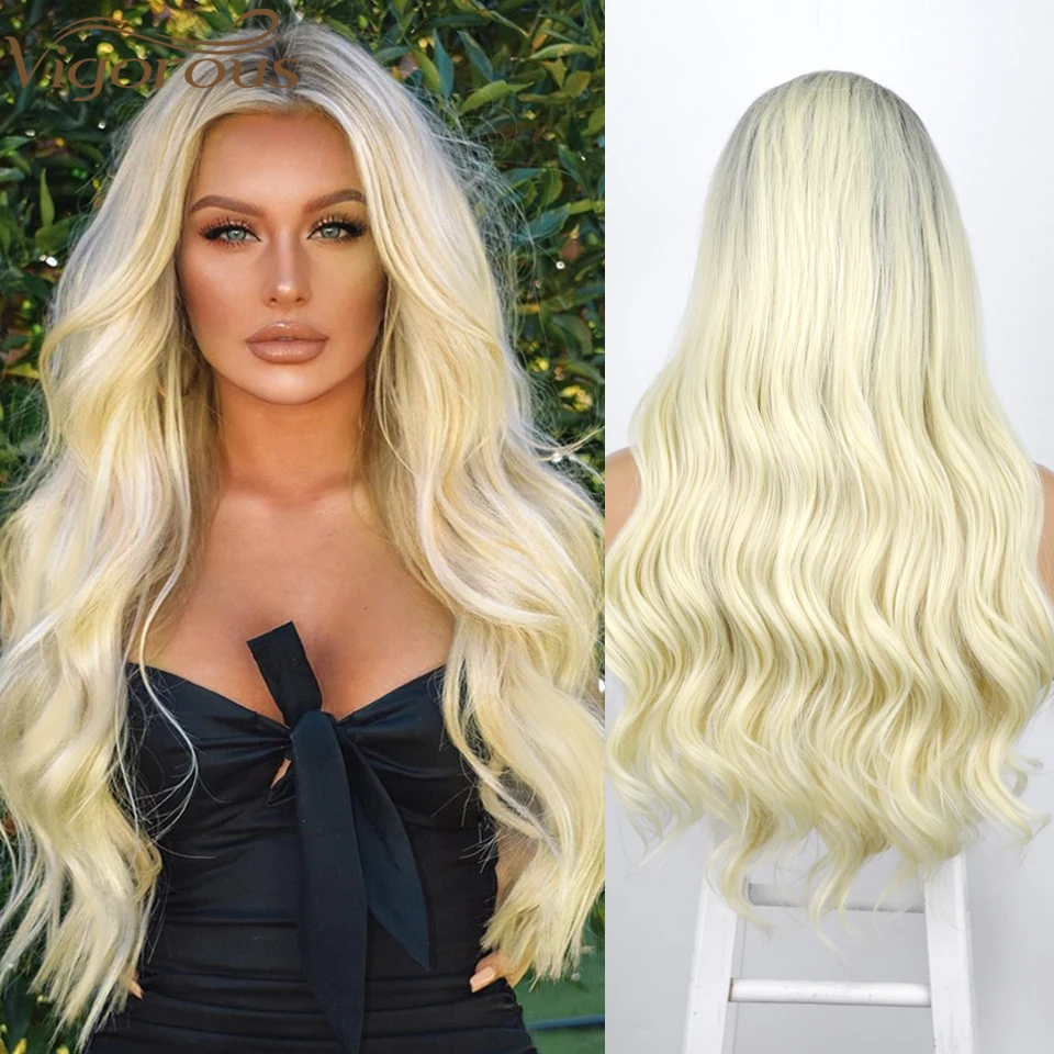 Vigorous Long Wavy Blonde Ombre Lace Front Wigs for Women Synthetic Dark Brown Roots Wig for Daily&Party Use Mixed Color Hair