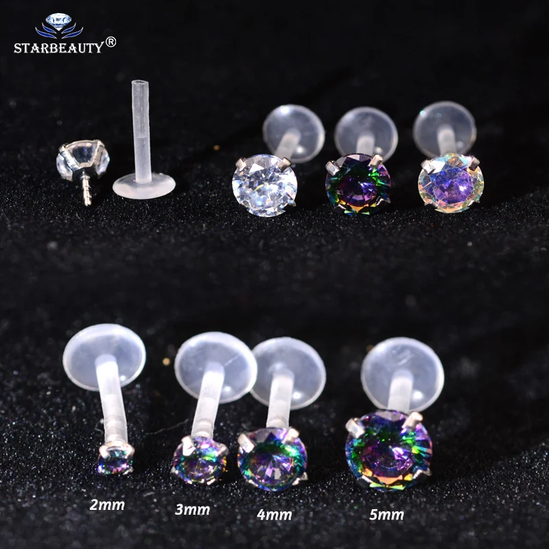 2Pcs Rainbow Clear AB Zircon Bioplast Labret Monroe Lip Stud Ear Cartiliage Tragus Helix Piercing stud Ring 16g Body Jewelry