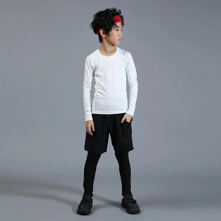 Детский компрессионный комплект для бокса, Джерси+ штаны, Детские баскетбольные майки для бега, обтягивающие штаны для подростков, спортивная одежда, ММА Рашгард - Цвет: Белый