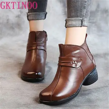 

GKTINOO 2019 Winter Shoes Women Boots Fashion Elegant Embossed Genuine Leather Boots Side Zipper Thick with High Heels 5cm