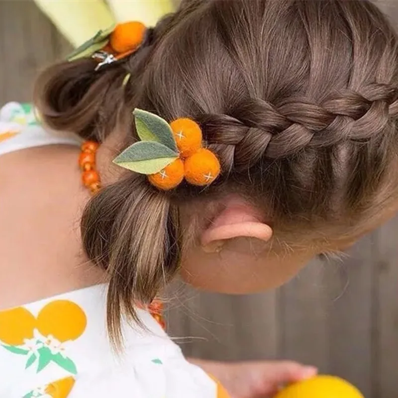 2 шт. маленькие оранжевые заколки для волос для маленьких девочек, шерстяные фетровые помпоны, шарики, фруктовые листья, заколки ручной работы, заколки для волос, детские головные уборы