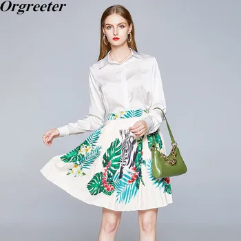 

Fashion Runway Skirts Two piece set Women's Long sleeve White Shirt Blouse and Knee-length Floral Print Skirt Suit OL Casual Set