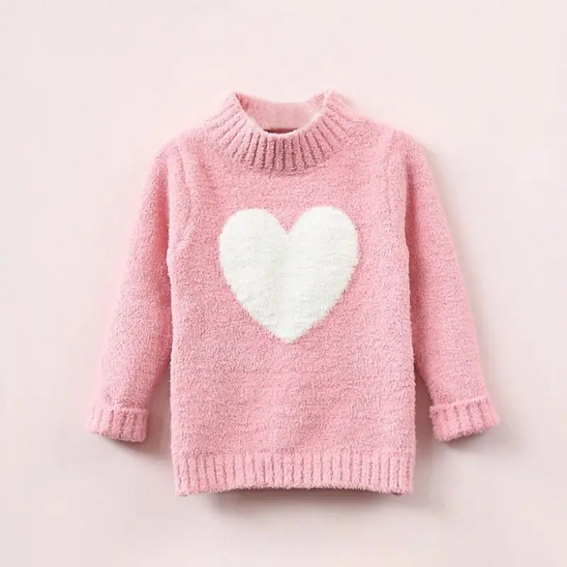 Детский свитер для девочек, осенне-зимняя однотонная трикотажная одежда с узором в виде сердца и высоким воротником, Новинка