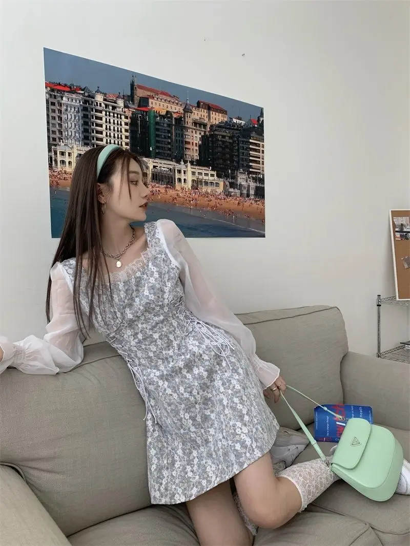 Long Sleeve Dress Women Lace Streetwear Trendy Lovely Square Collar Summer Sweet Stylish Ulzzang Female Leisure All-match Mujer wedding guest dresses