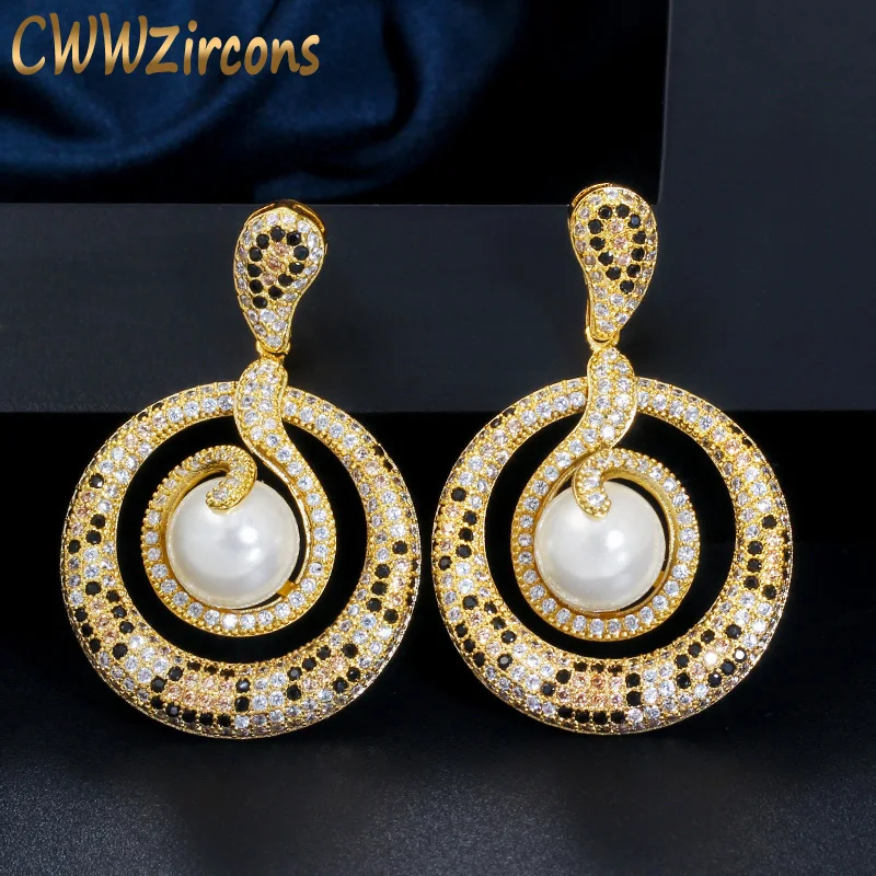 Женские свадебные серьги подвески CWWZircons большие с желтым золотом 585 пробы