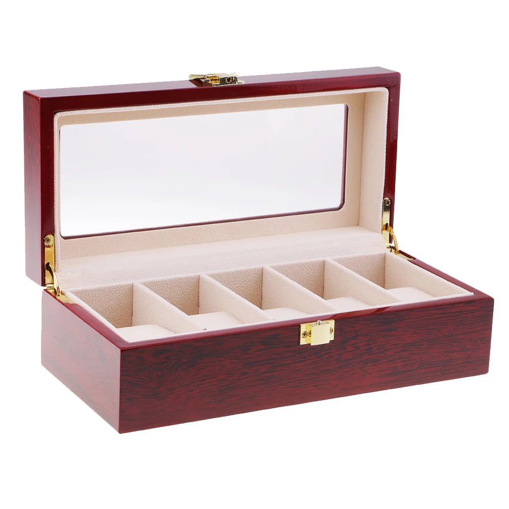 

5 Slots Watch Box With Lock Watch Display Case Jewelry Organizer Storage Box