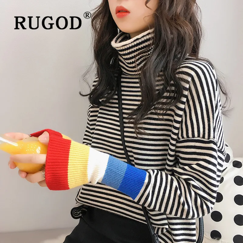 RUGOD Casual stripe patchwork knitted tops women Korean chic turtleneck knitted pullovers female new auturm oversized top