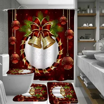 

Christmas Printing Bathroom Shower Curtain Toilet Waterproof Cover Mat Set DC156