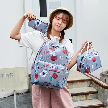 

2020 Fashion Striped Print Women Backpack Laptop bag High quality canvas schoolbags school bags + lunch bag + pencil bag