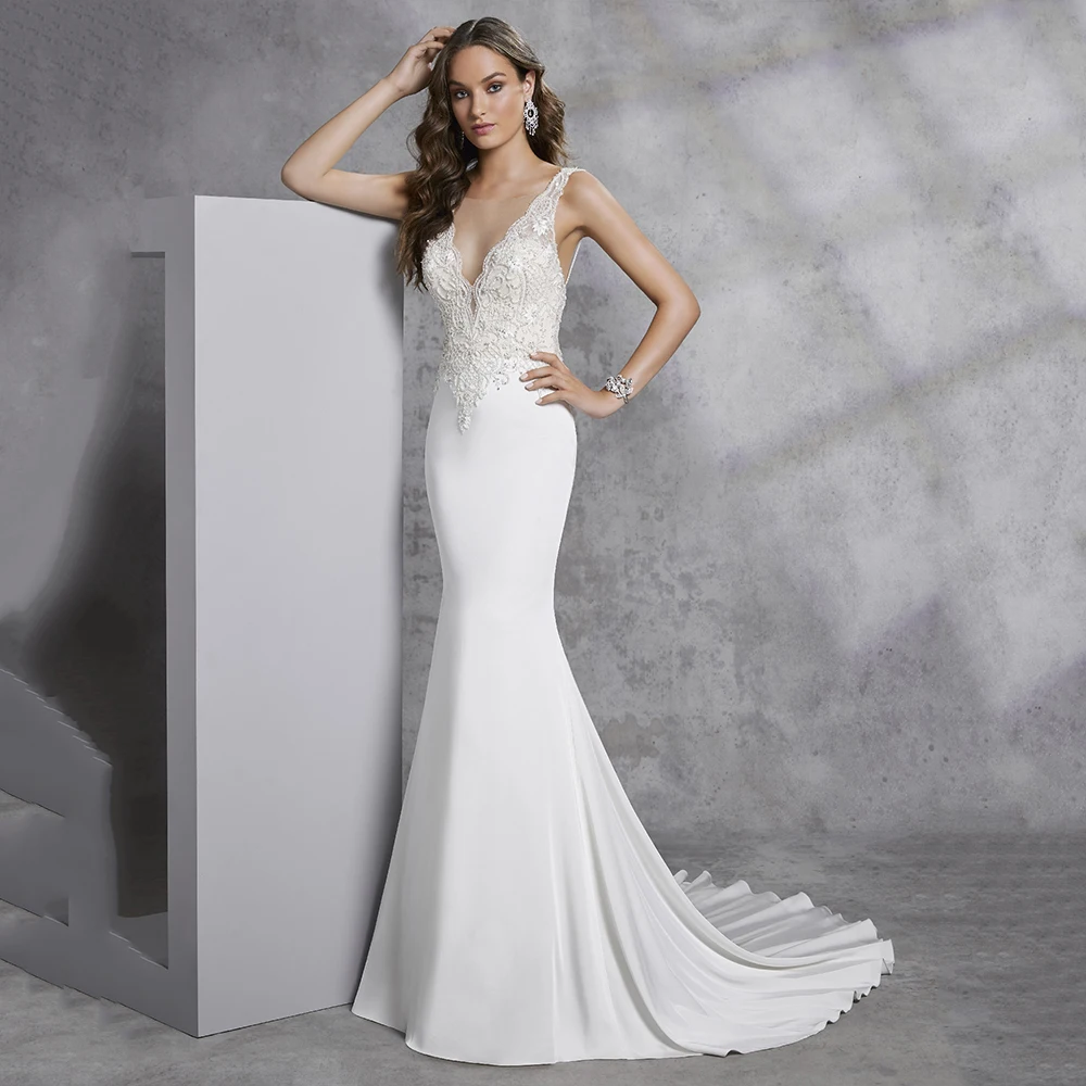 

UZN Chic Ivory Mermaid Satin Modern Wedding Dresses V-Neck Beading Appliques Wedding Gown Sexy Backless Bridal Dress