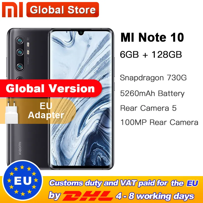 Xiaomi Note 10 6 ГБ 128 глобальная версия смартфона с камерой 108 МП батарея 5260 мАч 10x