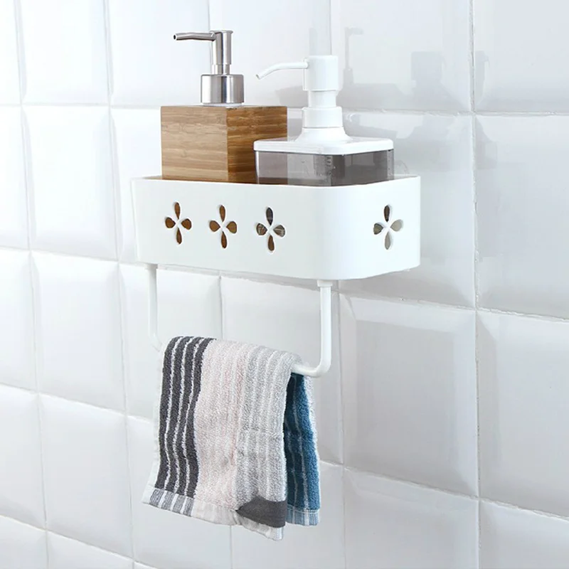 

Home Bathroom Kitchen Organizer Sundries Storage Shelf Seamless Wall Mounted Rack Shower Soap Drain Basket with Towel Hanger