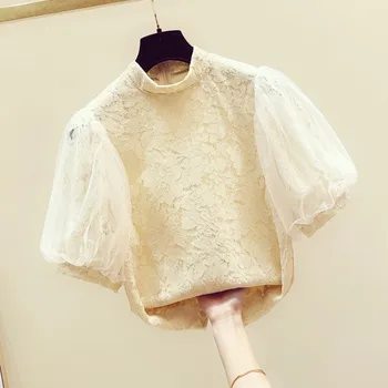 

Lace Lantern Sleeved Women Blouse 2020 Summer New Lace Turtleneck Solid Office Lady Elegant Pulls Outwear Coat Tops