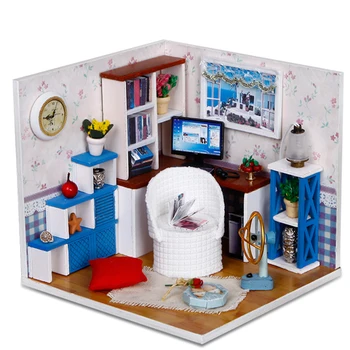 

Handmade 3D Miniatures Dollhouse Furniture Kit Toys Warm Time Doll House Children DIY Wooden Leisure Room House Box For Children