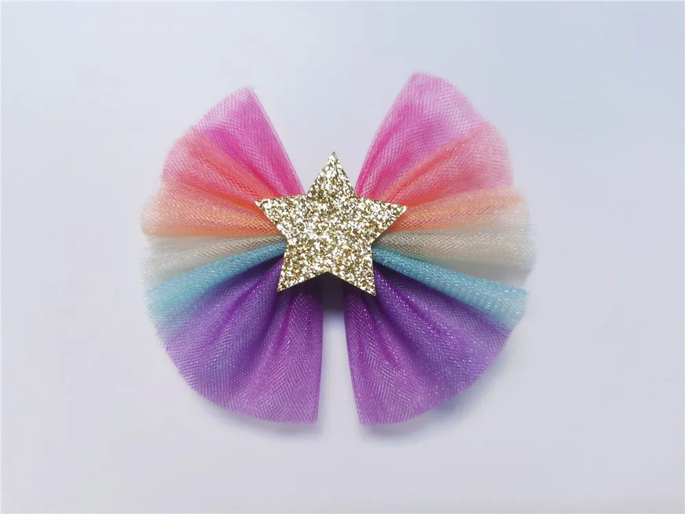 15pcs Fashion Cute Glitter Star Mesh Bow Hairpins Gradient Rainbow Bowknot Hair Clips Princess Headwear Girls Hair Accessories