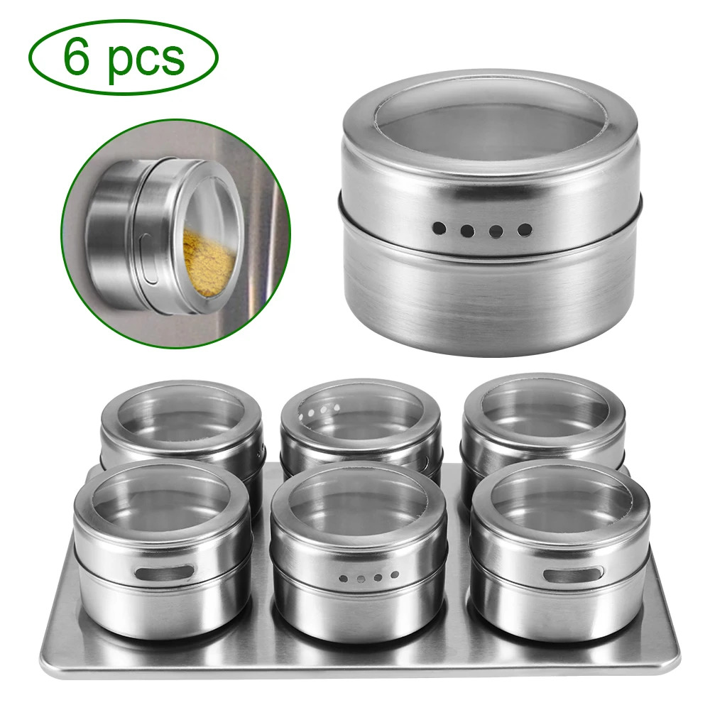 6pcs Portable Stainless Steel Spice Jars Seasoning Can Magnetic Spice Jars Storage Containers Set Pepper Seasoning Tools