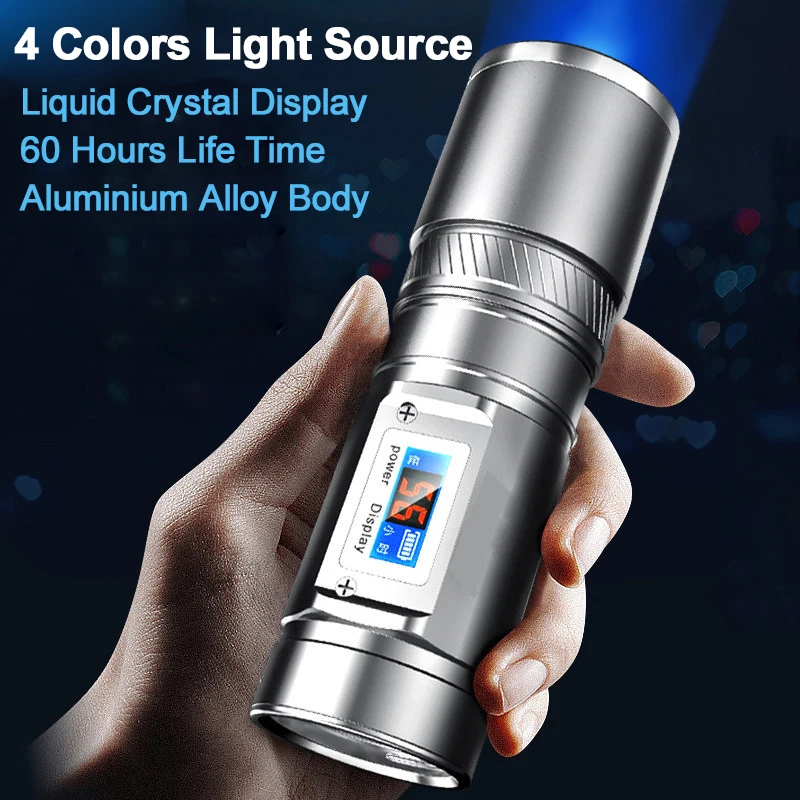 Фонарик для рыбалки с ЖК дисплеем 15 Вт синий/белый/желтый свет|zoomable flashlight|strong