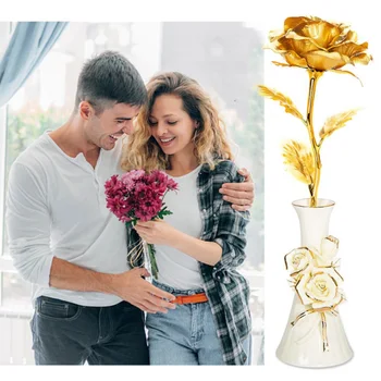 

24K Gold Plated Artificial Rose Flower For Valentine's Day Thanksgiving Mother's Day Girl's Birthday With Ceramics Base Gift Box