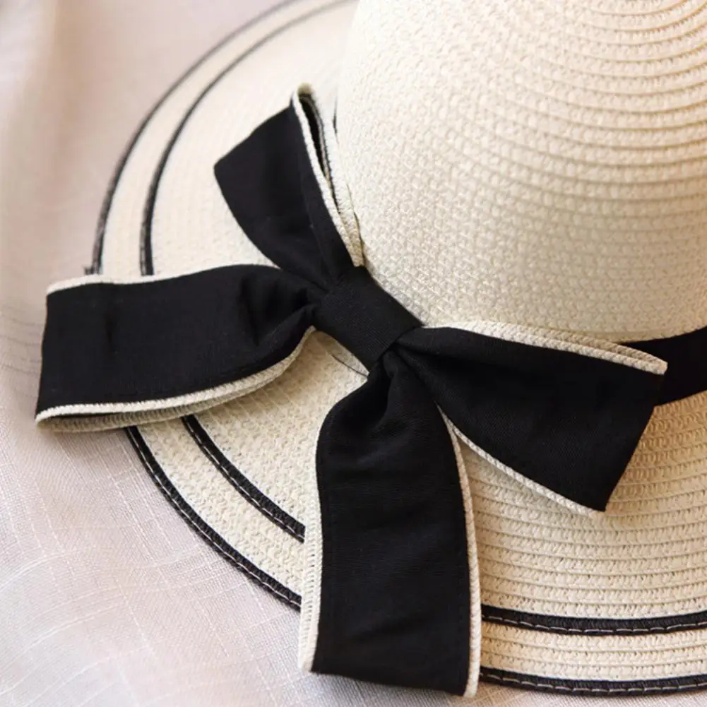 Studyset Women Sun Hat Summer Solid Color Bowknot Sunscreen Outdoor Breathable Straw Hat cap circumference 56-58cm