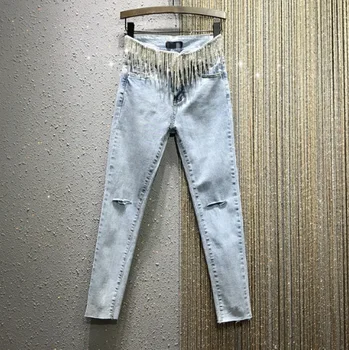 

Shiny Tassels Diamond Jeans Women's 2020 Spring New High Waist Stretch Holes Pencil Pants Skinny Jeans Trouser Ladies Pants Jean