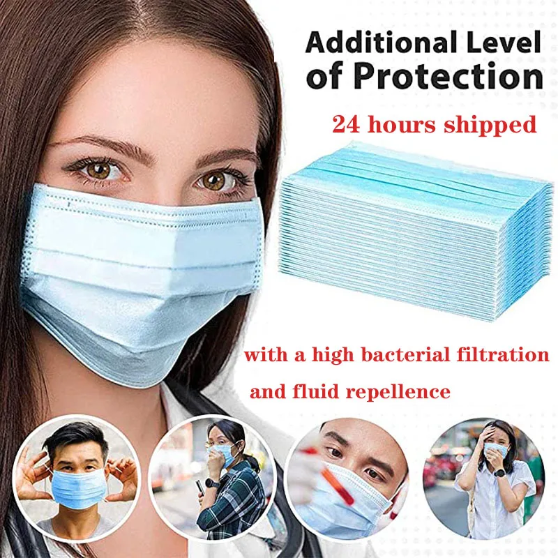 

100pcs Disposable 3 Layer Non-woven Dust Mask Thickened Earloop Mouth Mask 3-layer filter Anti-dust Masks 24 hours shipping