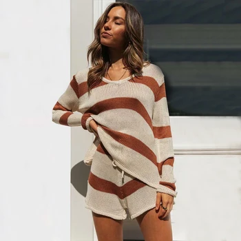 

Women 2020 Autumn New Loose Long Sleeve Knitted Sweater Two Piece Set Fashion Leisure Motion Stripe Sweater Shorts Women's Suit
