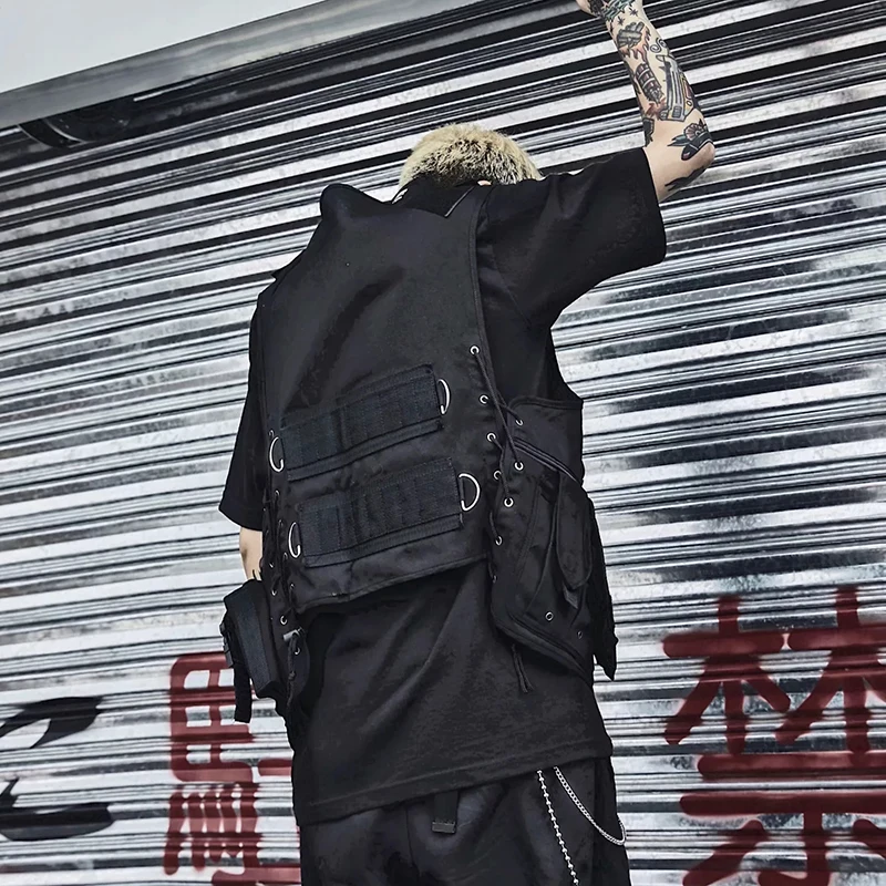April MOMO хип-хоп безрукавки боковой шнуровкой грузовой жилет карманы молния военная куртка уличная тактический жилет