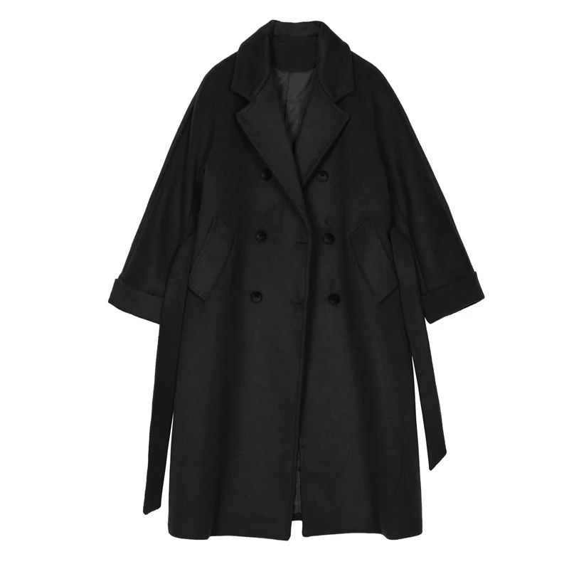 Зимнее женское пальто Свободное длинное стильное двубортное стильное шерстяное пальто на шнуровке