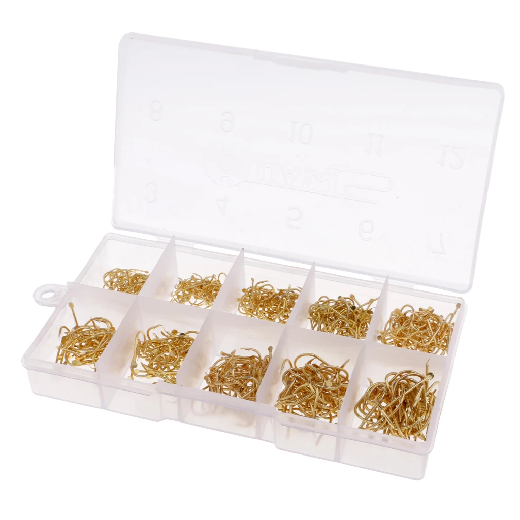 500pcs/set Sharp Fishing Hooks Barbed Hooks Gold Fishhooks 3-12# with Box Super Sharp and Durable Fishhooks