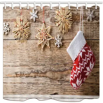 

Curtain Christmas Snowflakes and Christmas Sock Hanging on Wooden Board Shower Curtain Bathroom Decor,Polyester Mildew Durable