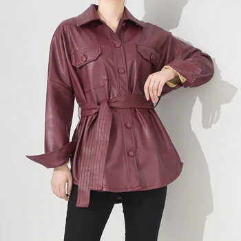 

LANMREM 2020 turn-down collar full sleeves PU leather single breasted wine red color high waist belt jacket fashion autumn