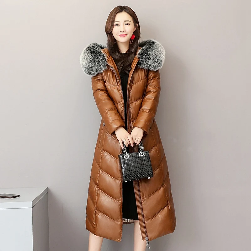 Натуральная овечья кожа, замша, парки, пальто, куртки с рисунком лисы Мужская куртка с капюшоном осень-зима Для женщин теплое длинное пальто LF9096 - Цвет: Brown