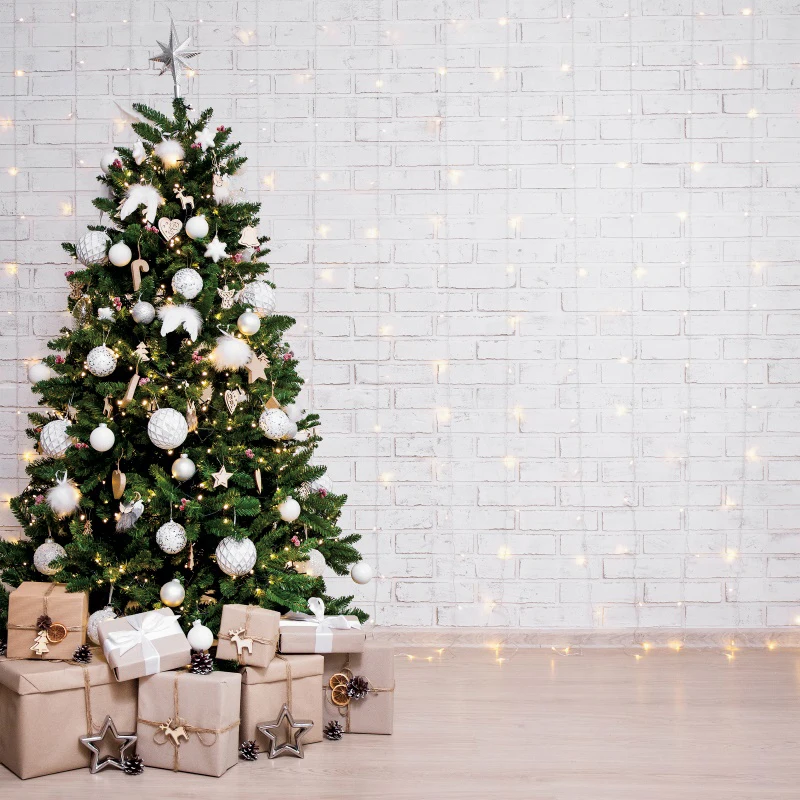 

Laeacco Gray Brick Wall Merry Christmas Festivals Tree Gift Party Bulb Light Baby Child Portrait Photo Background Photo Backdrop