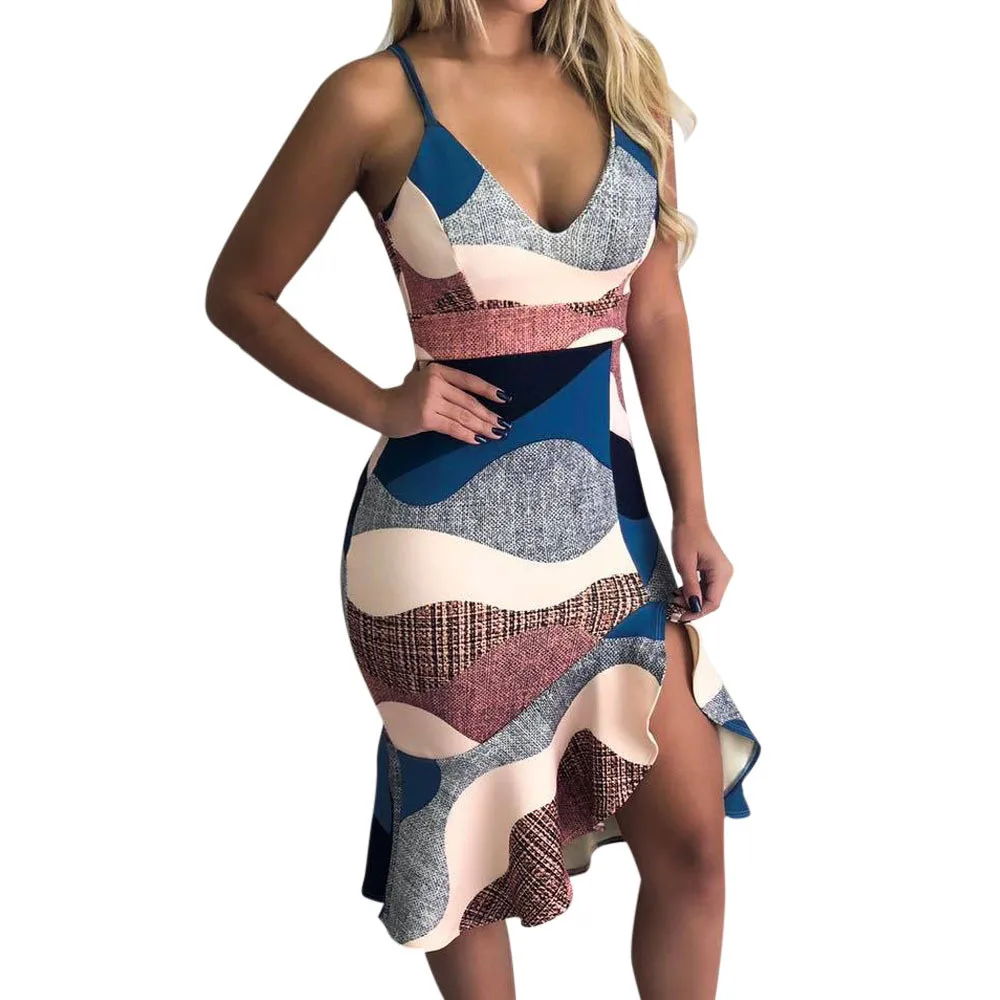 

Summer Women Sexy Bandage Bodycon Dress Casual Sleeveless Party Club Mini Spaghetti Strap Dress Deep V-neck Ruffled Hem Dress