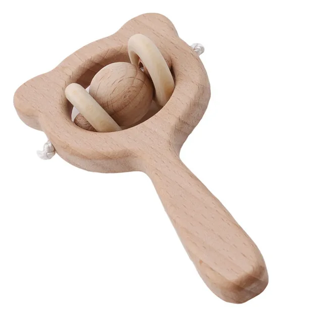 Baby Wooden Rattle Beech Bear Hand Teething Wooden Ring Baby Rattles Play Gym Montessori Stroller Toy Educational Toys for Kid set-12